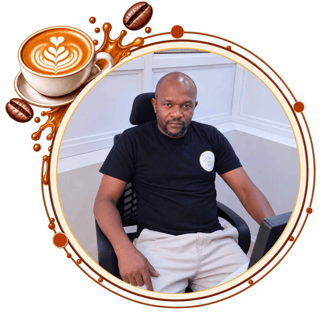 David Amutabi, Antonov's lead instructor, seated at the espresso station