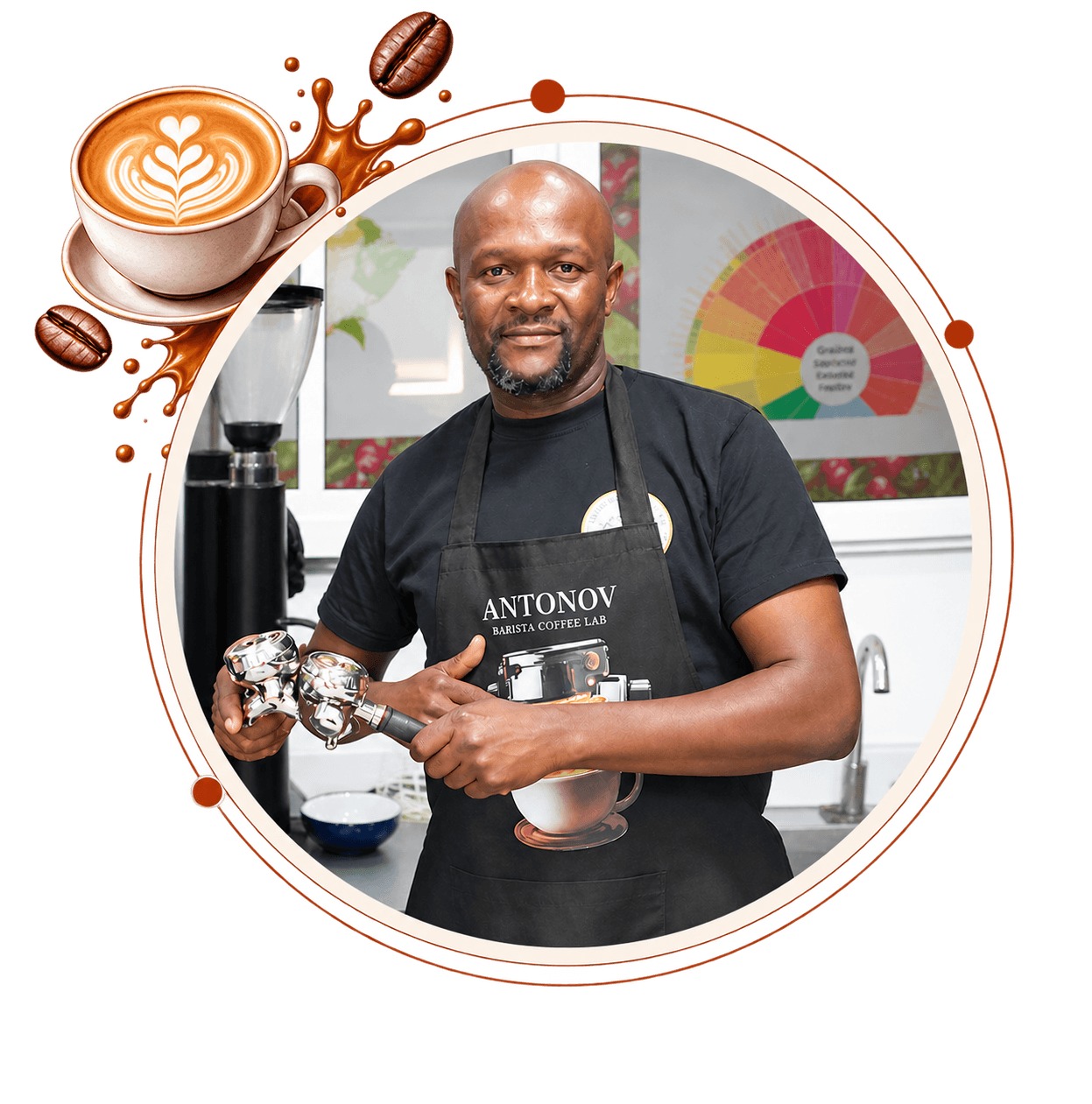 David Amutabi, Antonov's lead instructor, seated at the espresso station